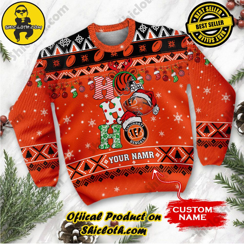 NFL Cincinnati Bengals Ho Ho Ho Custom Name Ugly Wool Sweater 2 NFL Cincinnati Bengals Ho Ho Ho Custom Name Ugly Wool Sweater - Image 2