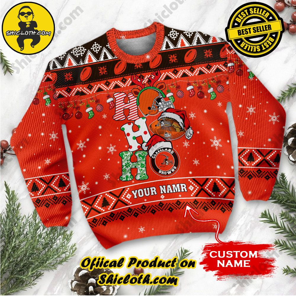 NFL Cleveland Browns Ho Ho Ho Custom Name Ugly Christmas Sweater 2 NFL Cleveland Browns Ho Ho Ho Custom Name Ugly Christmas Sweater - Image 2