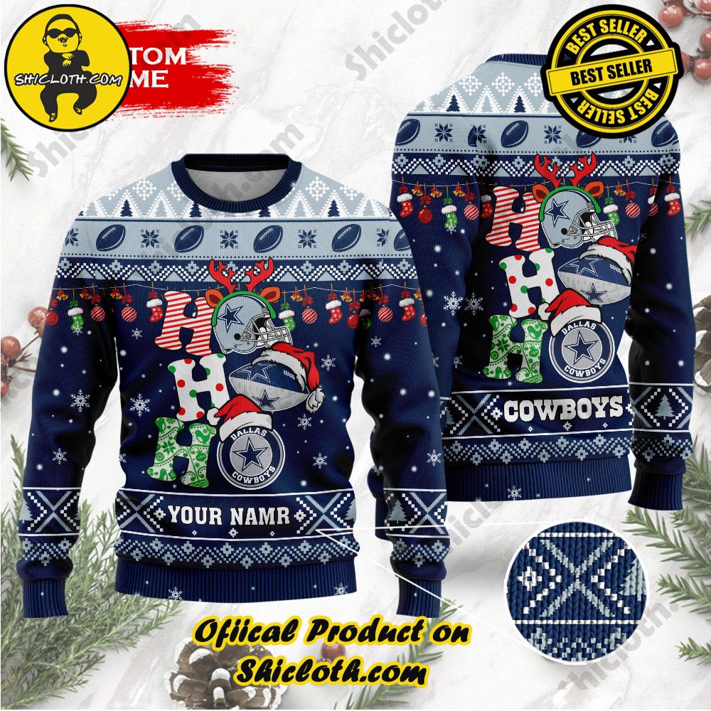 Best Seller Unveiling Festive Delight: Shiclothshop's Unique Collection of Ugly Christmas Sweaters 110 NFL Dallas Cowboys Ho Ho Ho Custom Name Ugly Wool Sweater