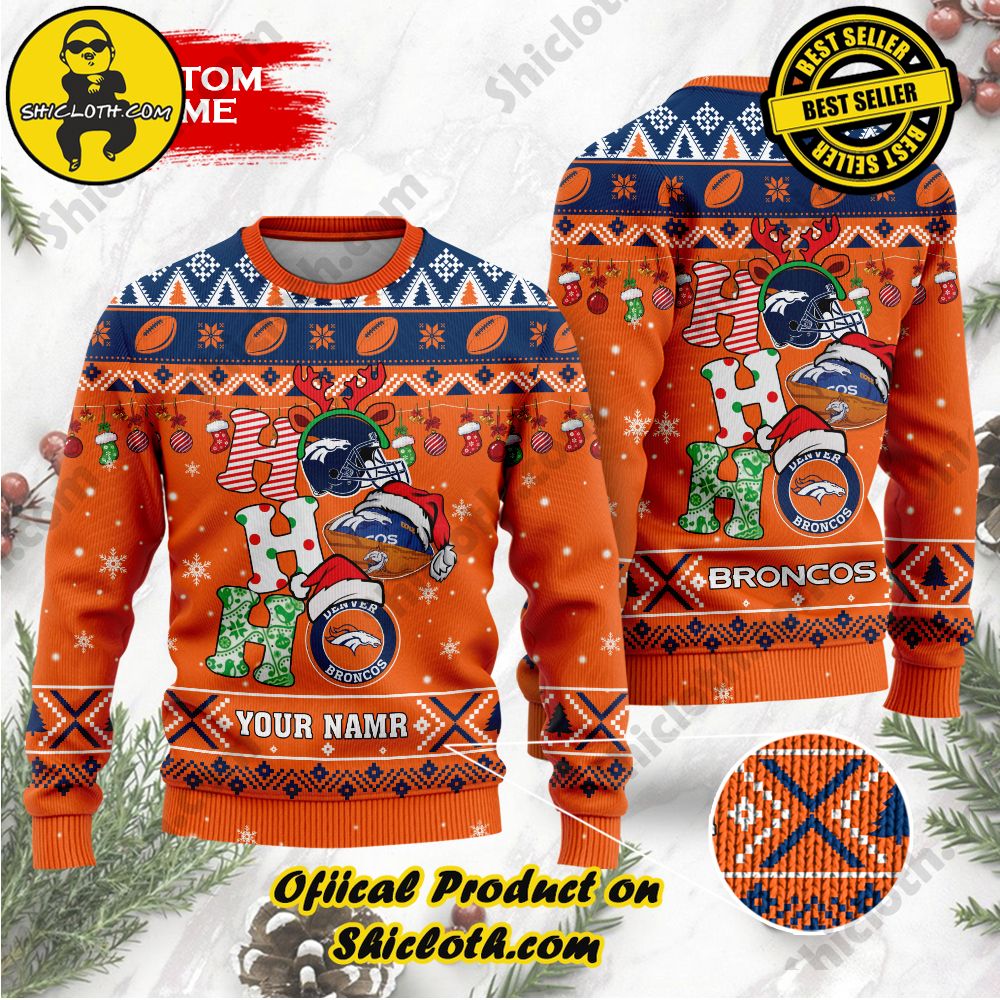 Best Seller Unveiling Festive Delight: Shiclothshop's Unique Collection of Ugly Christmas Sweaters 111 NFL Denver Broncos Ho Ho Ho Custom Name Ugly Wool Sweater