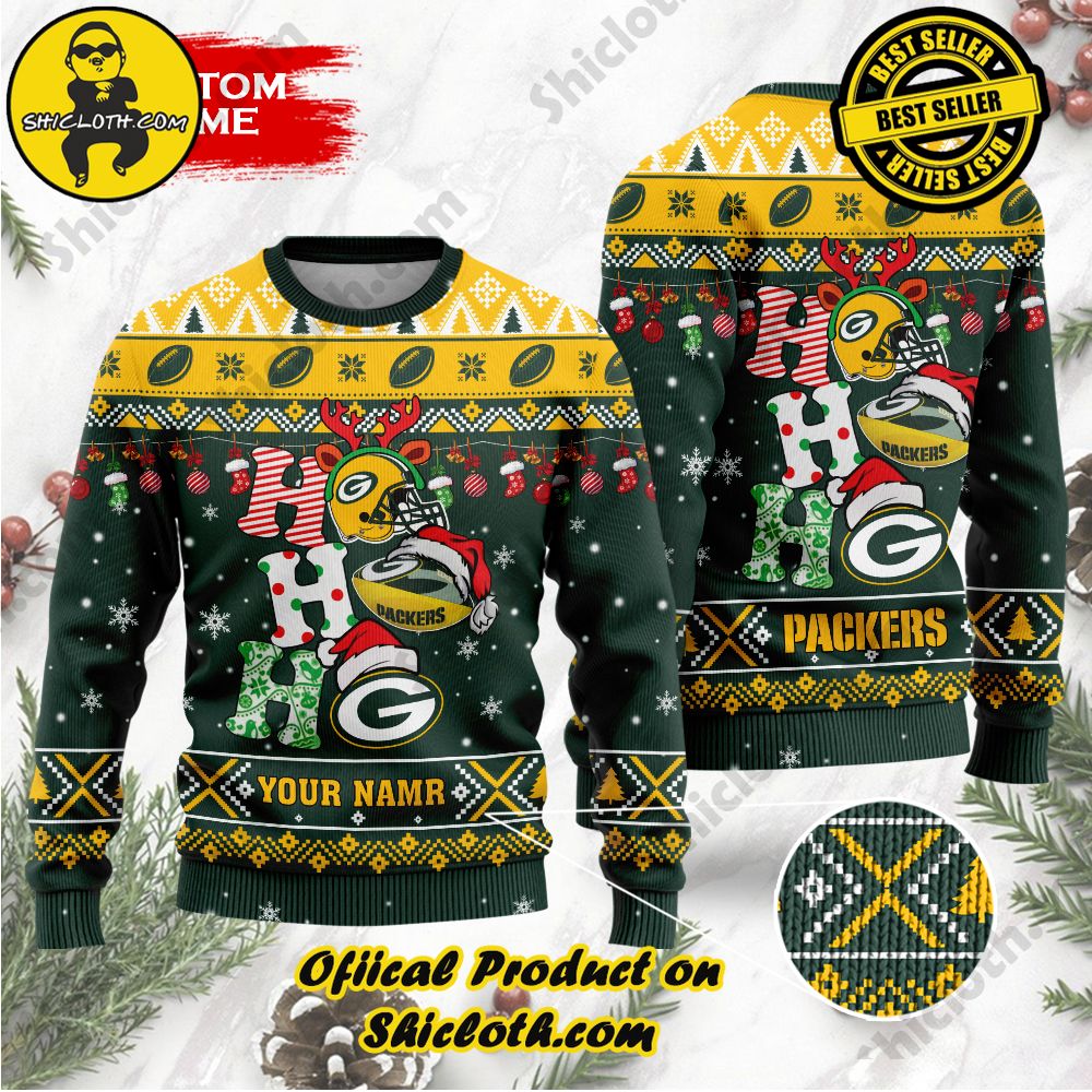 Best Seller Unveiling Festive Delight: Shiclothshop's Unique Collection of Ugly Christmas Sweaters 113 NFL Green Bay Packers Ho Ho Ho Custom Name Ugly Wool Sweater