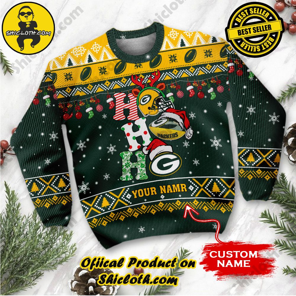 NFL Green Bay Packers Ho Ho Ho Custom Name Ugly Wool Sweater 2 NFL Green Bay Packers Ho Ho Ho Custom Name Ugly Wool Sweater - Image 2