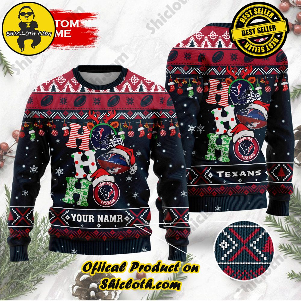 Best Seller Unveiling Festive Delight: Shiclothshop's Unique Collection of Ugly Christmas Sweaters 47 NFL Houston Texans Ho Ho Ho Custom Name Ugly Christmas Sweater