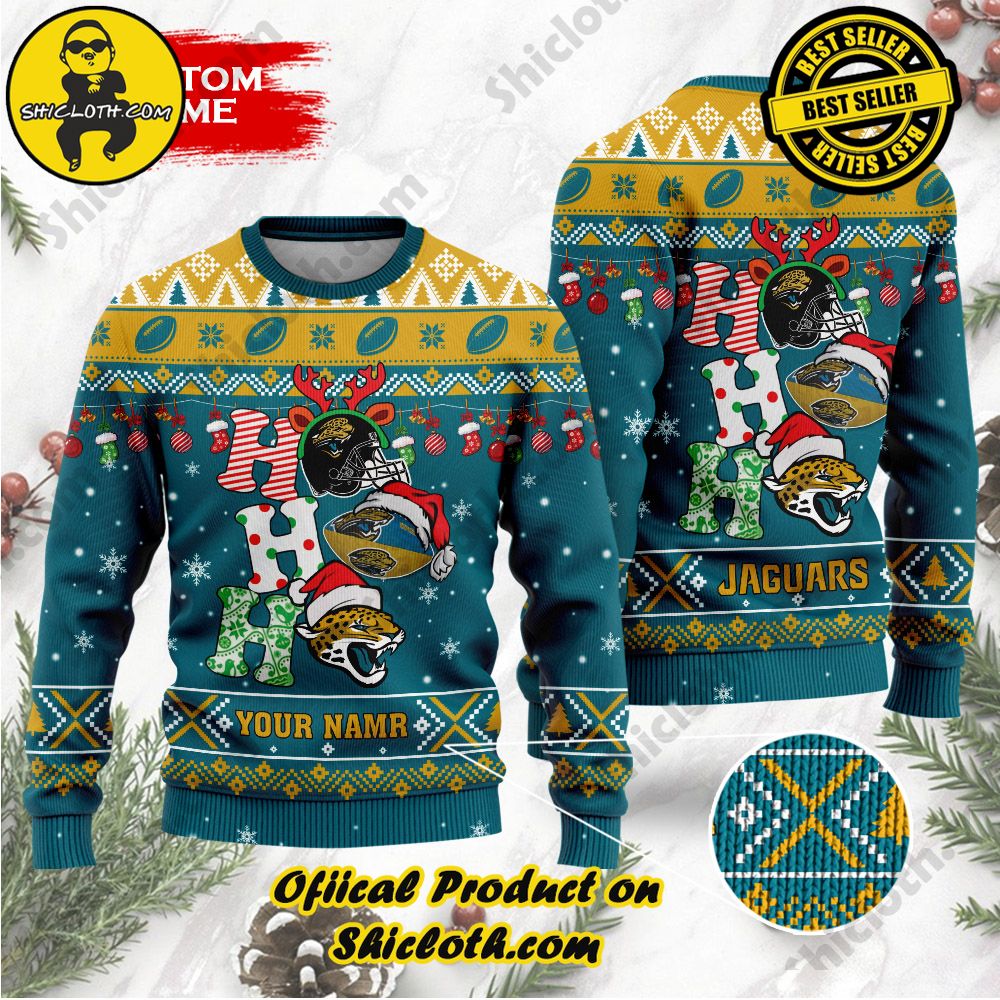 Best Seller Unveiling Festive Delight: Shiclothshop's Unique Collection of Ugly Christmas Sweaters 116 NFL Jacksonville Jaguars Ho Ho Ho Custom Name Ugly Christmas Sweater