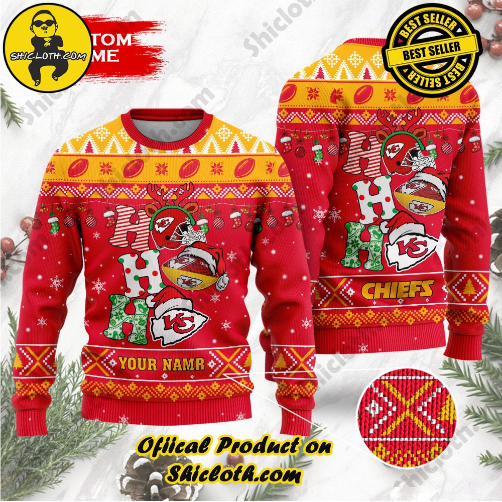 Best Seller Unveiling Festive Delight: Shiclothshop's Unique Collection of Ugly Christmas Sweaters 117 NFL Kansas City Chiefs Ho Ho Ho Custom Name Ugly Christmas Sweater