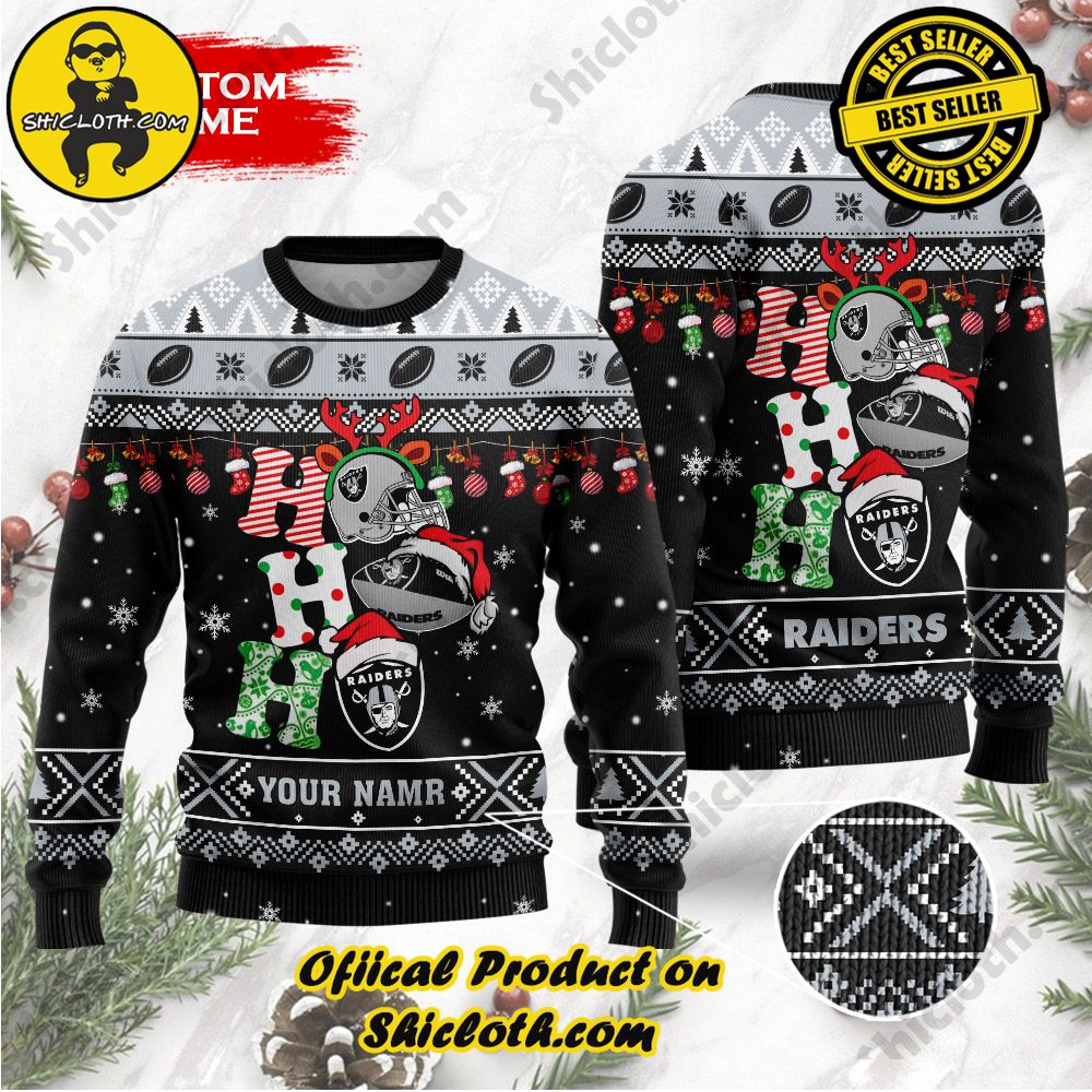Best Seller Unveiling Festive Delight: Shiclothshop's Unique Collection of Ugly Christmas Sweaters 118 NFL Las Vegas Raiders Ho Ho Ho Custom Name Ugly Christmas Sweater