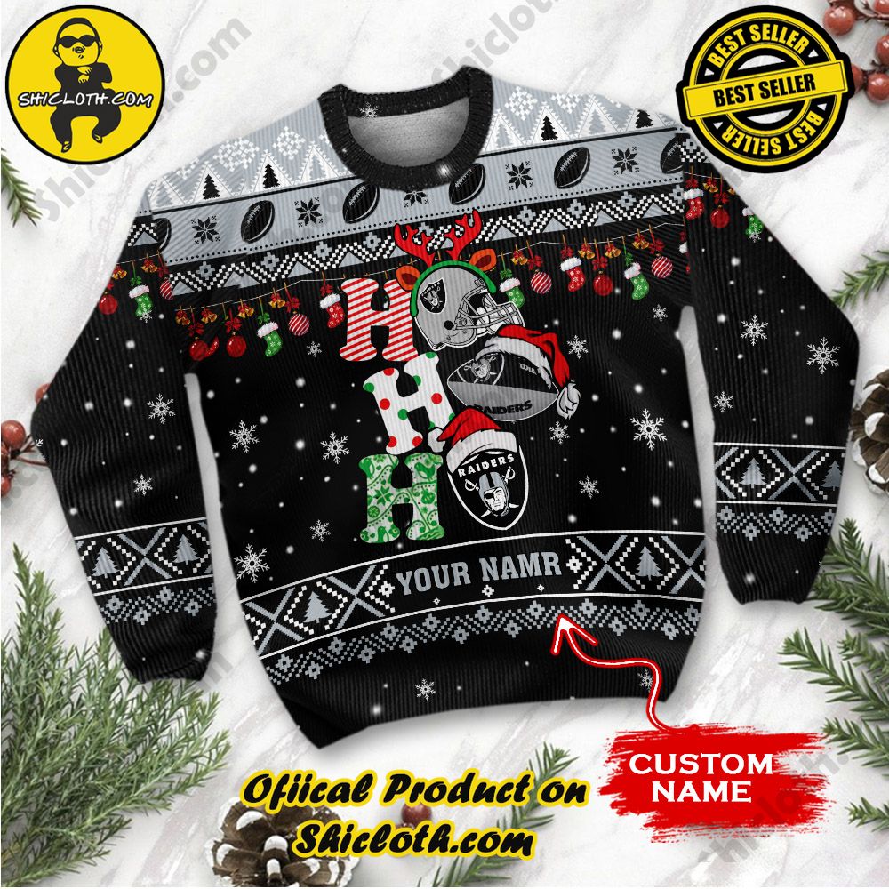 NFL Las Vegas Raiders Ho Ho Ho Custom Name Ugly Christmas Sweater 2 NFL Las Vegas Raiders Ho Ho Ho Custom Name Ugly Christmas Sweater - Image 2