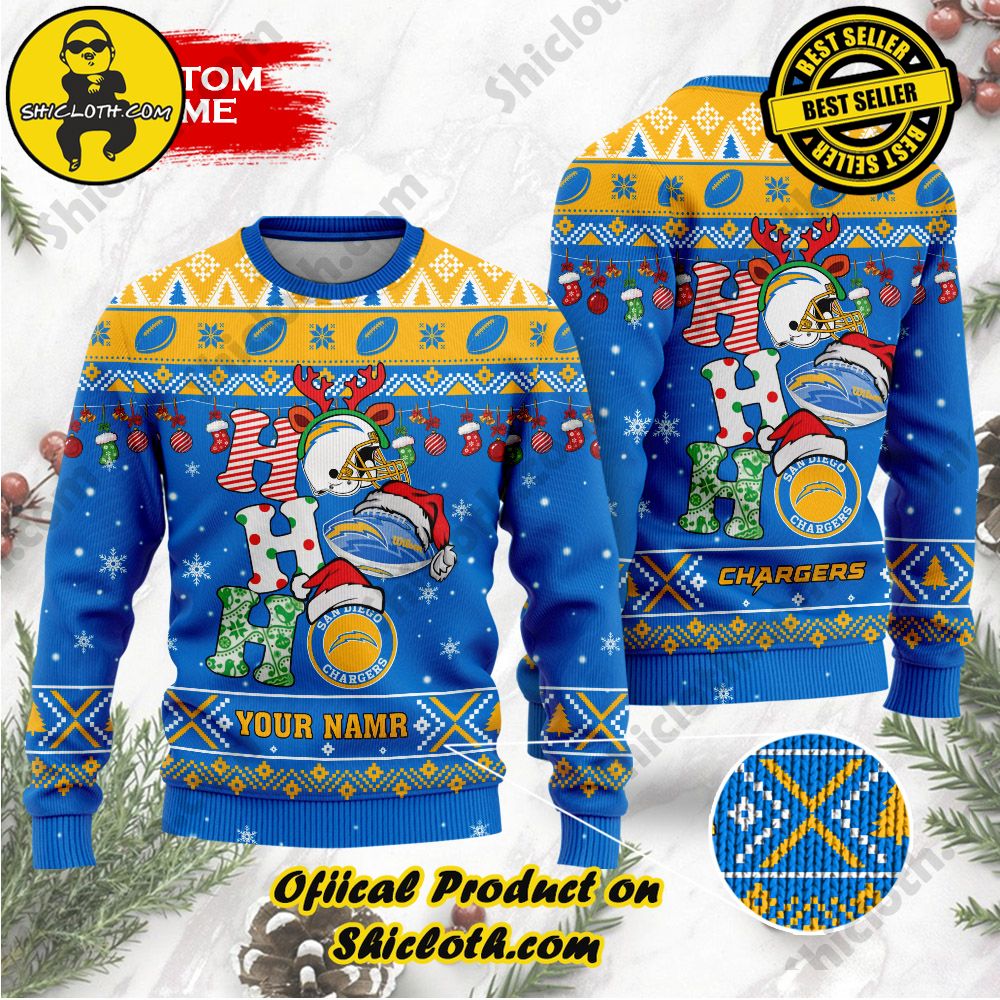 Best Seller Unveiling Festive Delight: Shiclothshop's Unique Collection of Ugly Christmas Sweaters 119 NFL Los Angeles Chargers Ho Ho Ho Custom Name Ugly Christmas Sweater