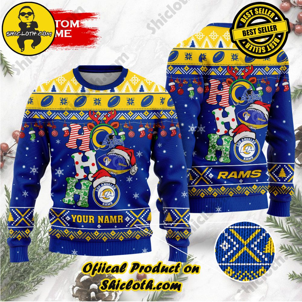 Best Seller Unveiling Festive Delight: Shiclothshop's Unique Collection of Ugly Christmas Sweaters 120 NFL Los Angeles Rams Ho Ho Ho Custom Name Ugly Christmas Sweater