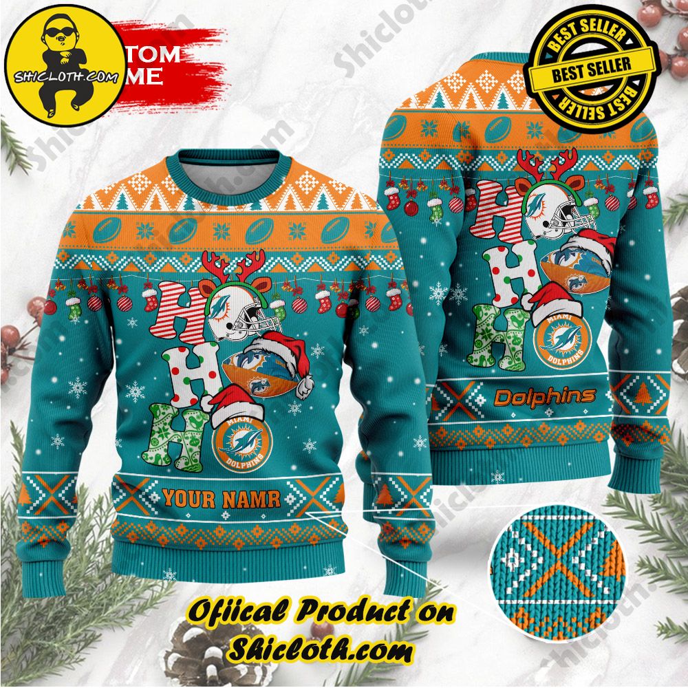 Best Seller Unveiling Festive Delight: Shiclothshop's Unique Collection of Ugly Christmas Sweaters 121 NFL Miami Dolphins Ho Ho Ho Custom Name Ugly Christmas Sweater