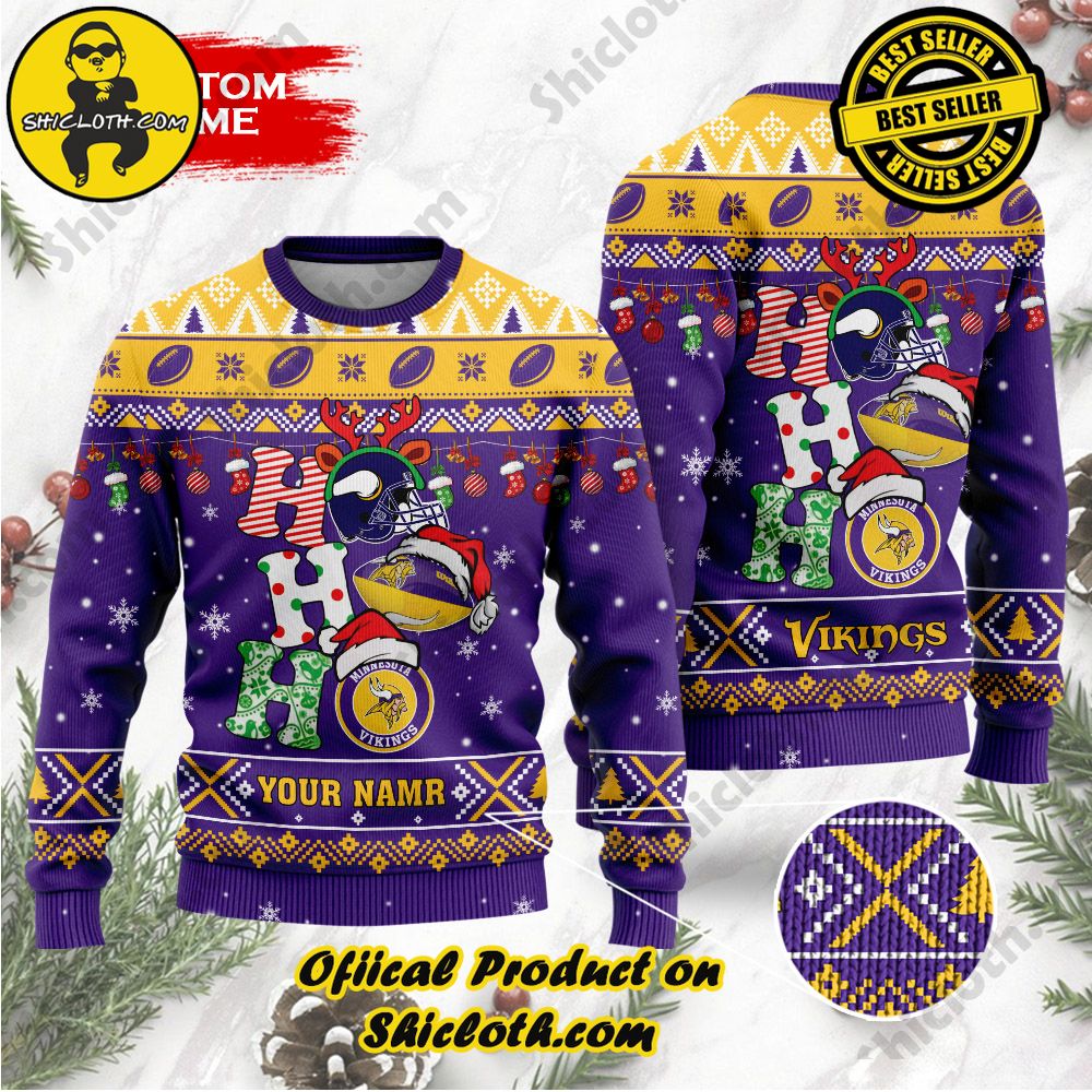 Best Seller Unveiling Festive Delight: Shiclothshop's Unique Collection of Ugly Christmas Sweaters 122 NFL Minnesota Vikings Ho Ho Ho Custom Name Ugly Christmas Sweater