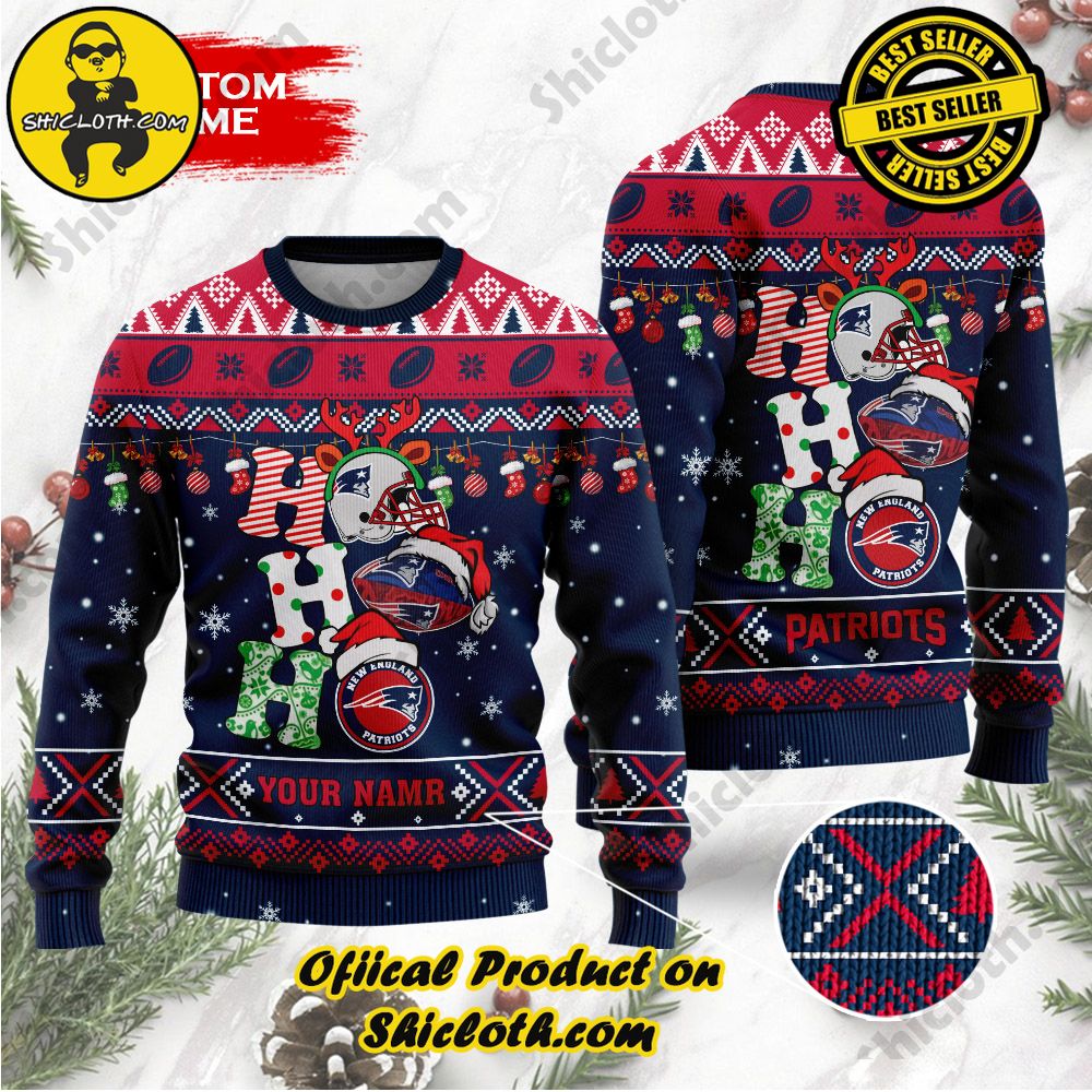 Best Seller Unveiling Festive Delight: Shiclothshop's Unique Collection of Ugly Christmas Sweaters 123 NFL New England Patriots Ho Ho Ho Custom Name Ugly Christmas Sweater