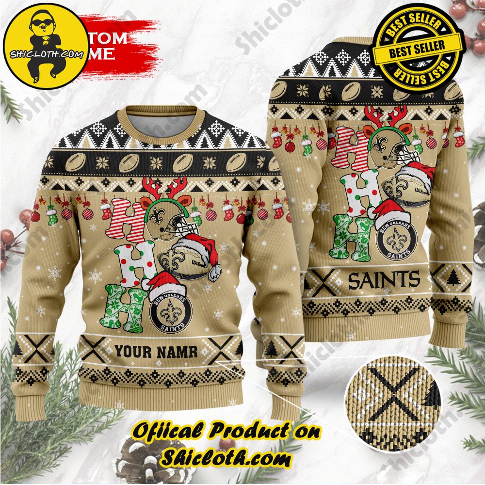 Best Seller Unveiling Festive Delight: Shiclothshop's Unique Collection of Ugly Christmas Sweaters 124 NFL New Orleans Saints Ho Ho Ho Custom Name Ugly Christmas Sweater
