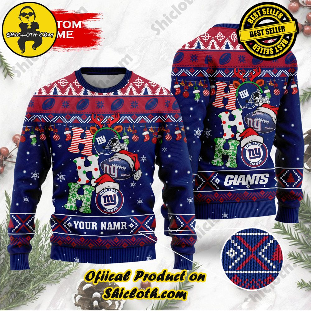 Best Seller Unveiling Festive Delight: Shiclothshop's Unique Collection of Ugly Christmas Sweaters 125 NFL New York Giants Ho Ho Ho Custom Name Ugly Christmas Sweater