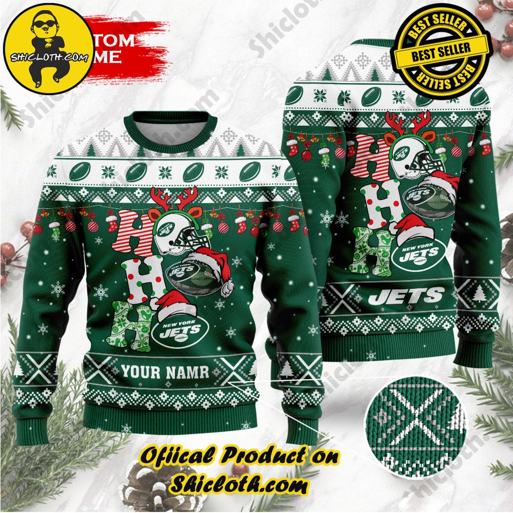 Best Seller Unveiling Festive Delight: Shiclothshop's Unique Collection of Ugly Christmas Sweaters 126 NFL New York Jets Ho Ho Ho Custom Name Ugly Christmas Sweater