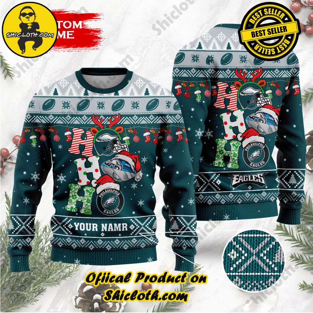 Best Seller Unveiling Festive Delight: Shiclothshop's Unique Collection of Ugly Christmas Sweaters 127 NFL Philadelphia Eagles Ho Ho Ho Custom Name Ugly Christmas Sweater