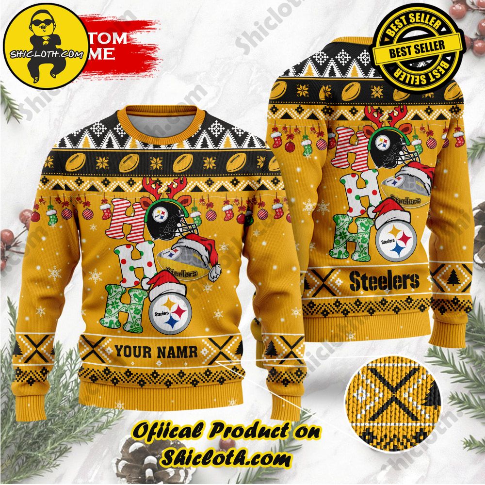 Best Seller Unveiling Festive Delight: Shiclothshop's Unique Collection of Ugly Christmas Sweaters 128 NFL Pittsburgh Steelers Ho Ho Ho Custom Name Ugly Christmas Sweater