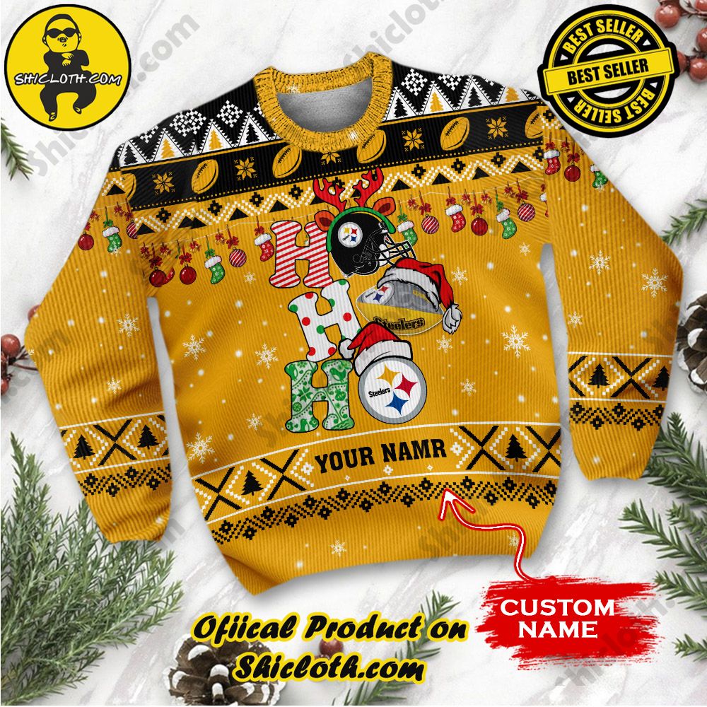NFL Pittsburgh Steelers Ho Ho Ho Custom Name Ugly Christmas Sweater 2 NFL Pittsburgh Steelers Ho Ho Ho Custom Name Ugly Christmas Sweater - Image 2