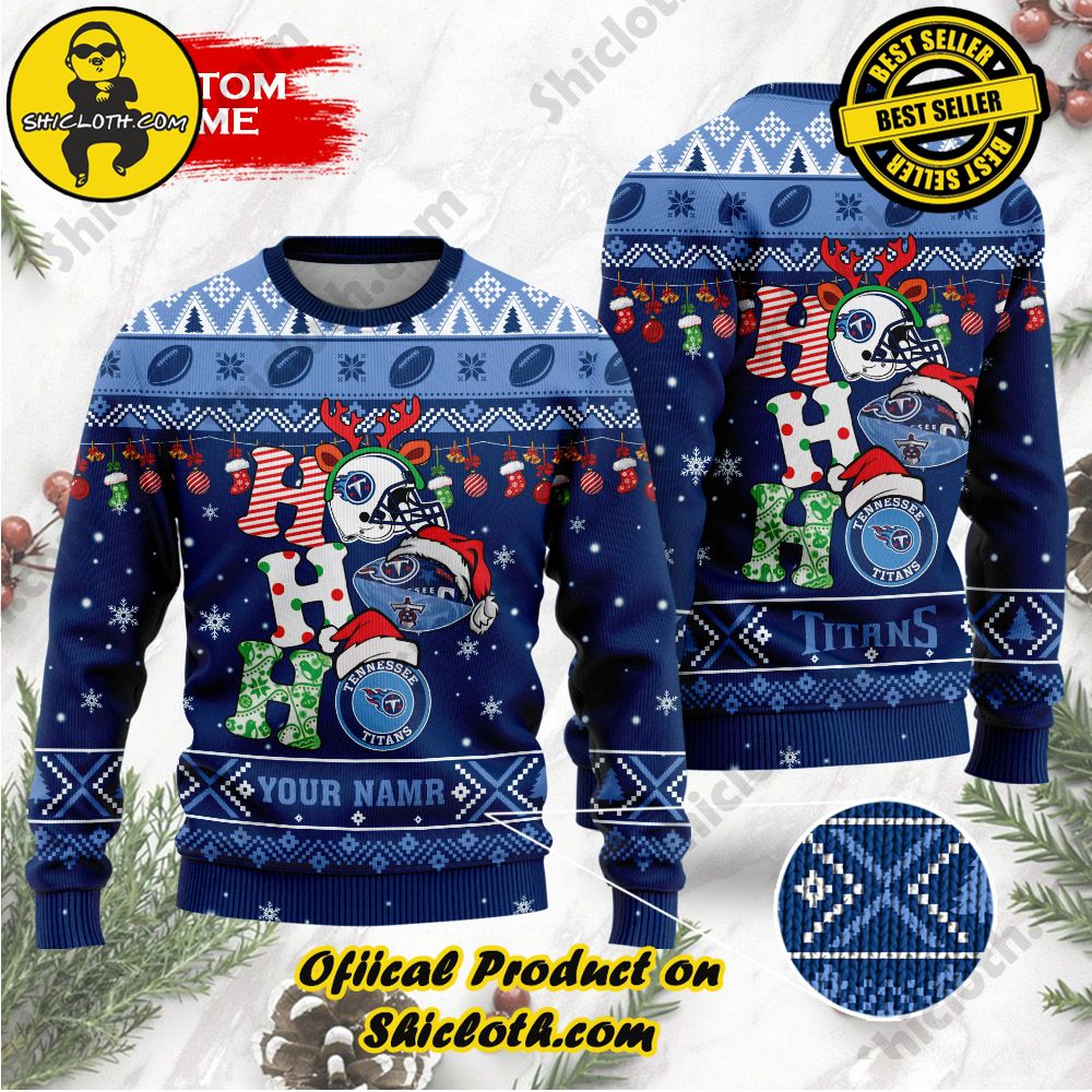 Best Seller Unveiling Festive Delight: Shiclothshop's Unique Collection of Ugly Christmas Sweaters 132 NFL Tennessee Titans Ho Ho Ho Custom Name Ugly Christmas Sweater