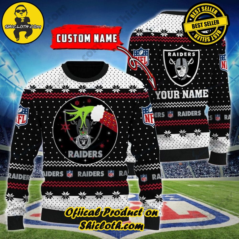 Hot Trending Shicloth's Enchanting Christmas Sweaters 28 Personal Customer Name NFL Las Vegas Raiders Christmas Ugly Sweater