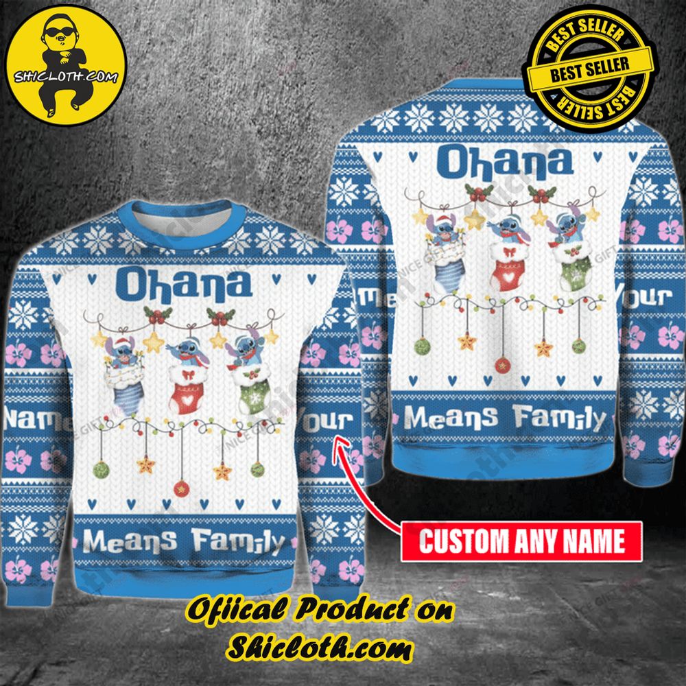 Shicloth's Enchanting Christmas Sweaters: A Cozy Blend of Style and Festivity 24 Personal Customer Name Stitch Ohana Means Family Christmas Ugly Sweater Version 2