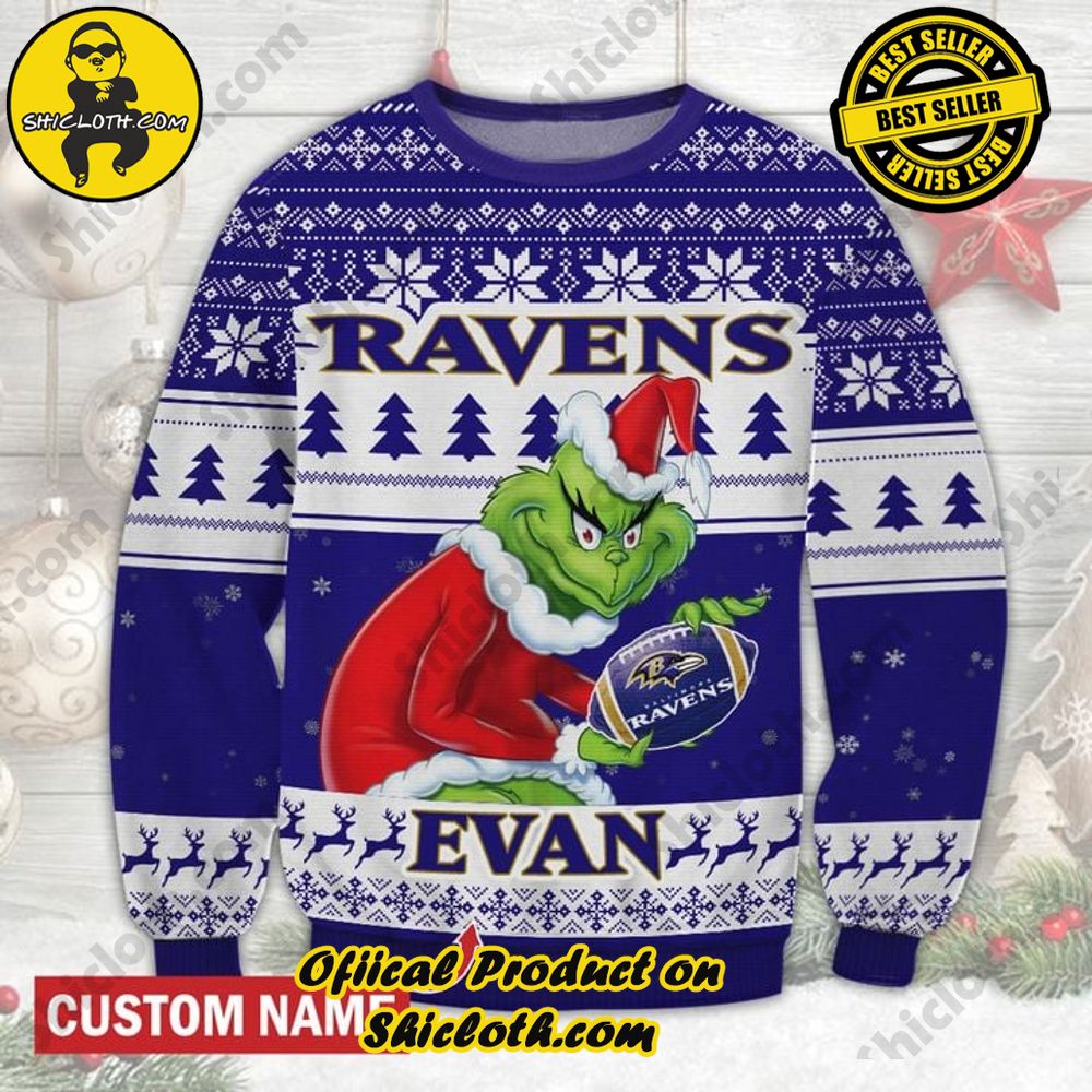 Best Seller Unveiling Festive Delight: Shiclothshop's Unique Collection of Ugly Christmas Sweaters 50 Personalized Name NFL Baltimore Ravens Grinch Christmas Ugly Sweater