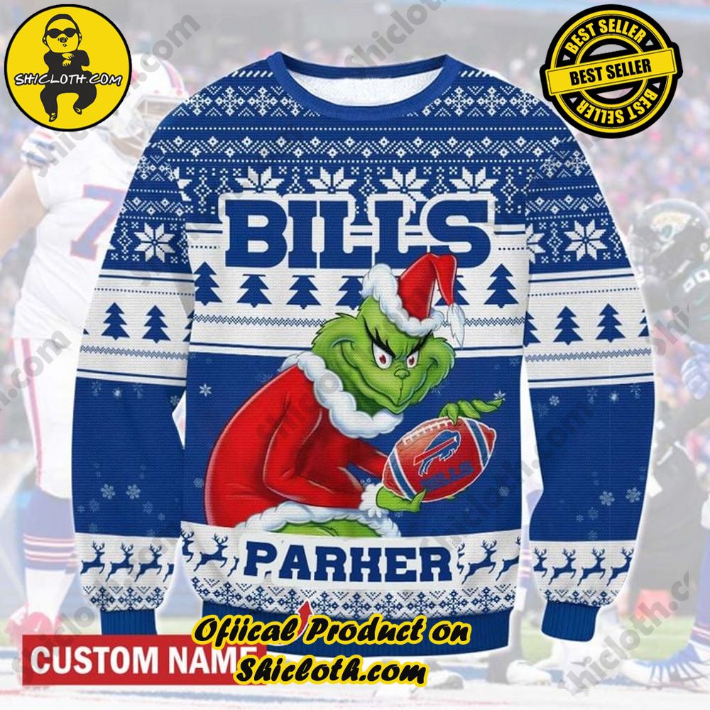Best Seller Unveiling Festive Delight: Shiclothshop's Unique Collection of Ugly Christmas Sweaters 51 Personalized Name NFL Buffalo Bills Grinch Christmas Ugly Sweater
