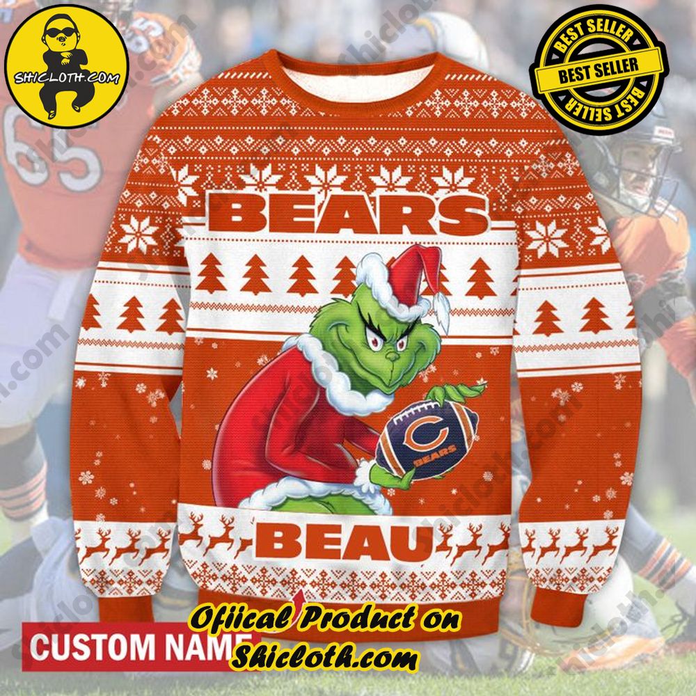 Best Seller Unveiling Festive Delight: Shiclothshop's Unique Collection of Ugly Christmas Sweaters 53 Personalized Name NFL Chicago Bears Grinch Christmas Ugly Sweater