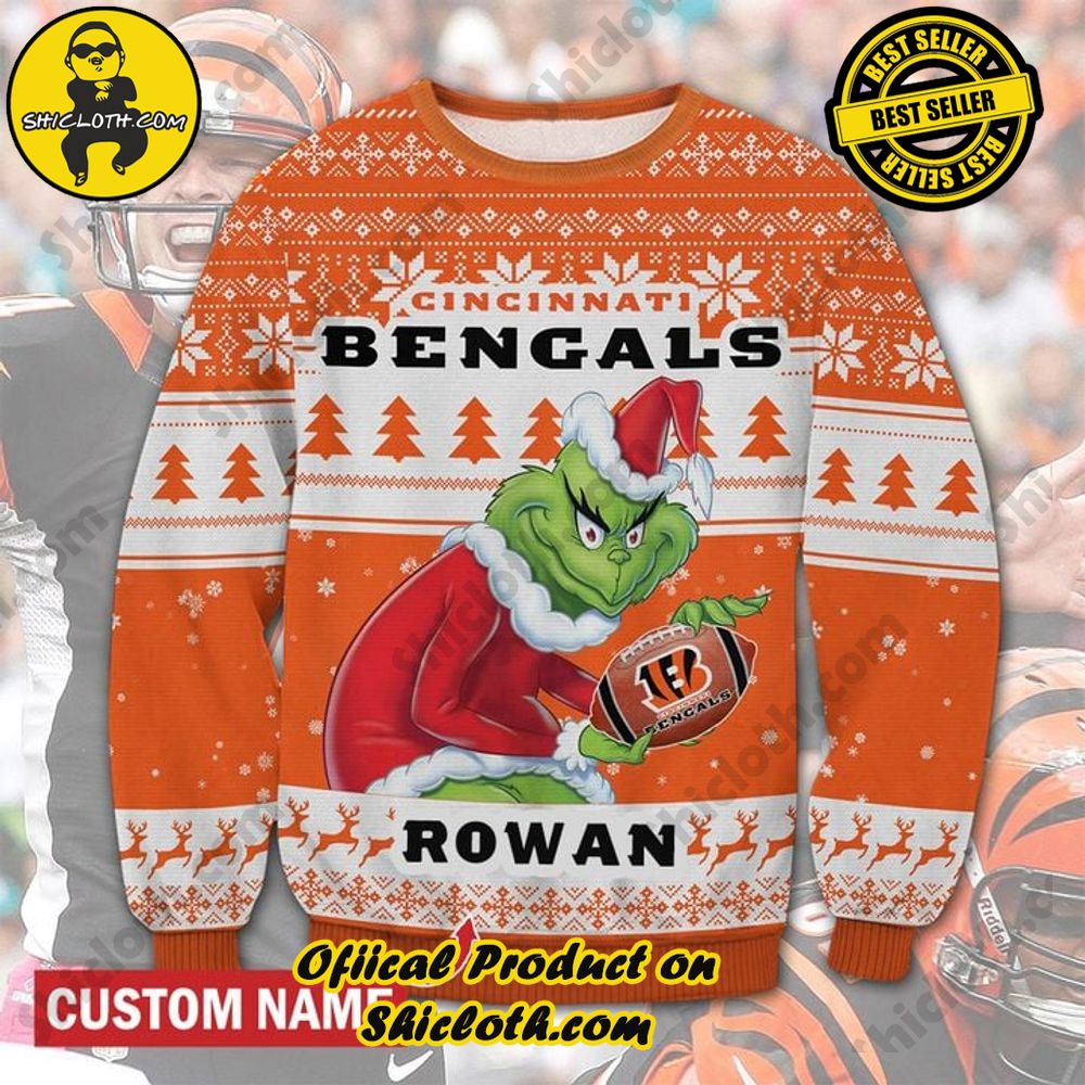 Best Seller Unveiling Festive Delight: Shiclothshop's Unique Collection of Ugly Christmas Sweaters 54 Personalized Name NFL Cincinnati Bengals Grinch Christmas Ugly Sweater