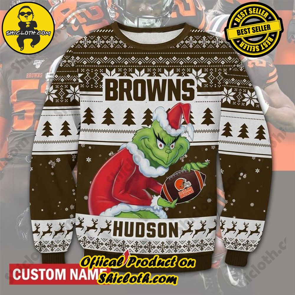 Best Seller Unveiling Festive Delight: Shiclothshop's Unique Collection of Ugly Christmas Sweaters 55 Personalized Name NFL Cleveland Browns Grinch Christmas Ugly Sweater