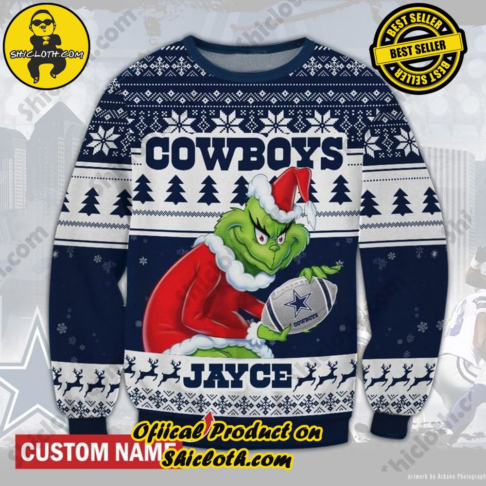 Best Seller Unveiling Festive Delight: Shiclothshop's Unique Collection of Ugly Christmas Sweaters 56 Personalized Name NFL Dallas Cowboys Grinch Christmas Ugly Sweater