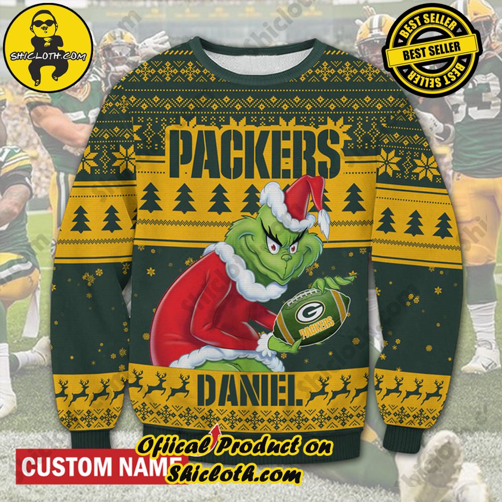 Best Seller Unveiling Festive Delight: Shiclothshop's Unique Collection of Ugly Christmas Sweaters 58 Personalized Name NFL Green Bay Packers Grinch Christmas Ugly Sweater
