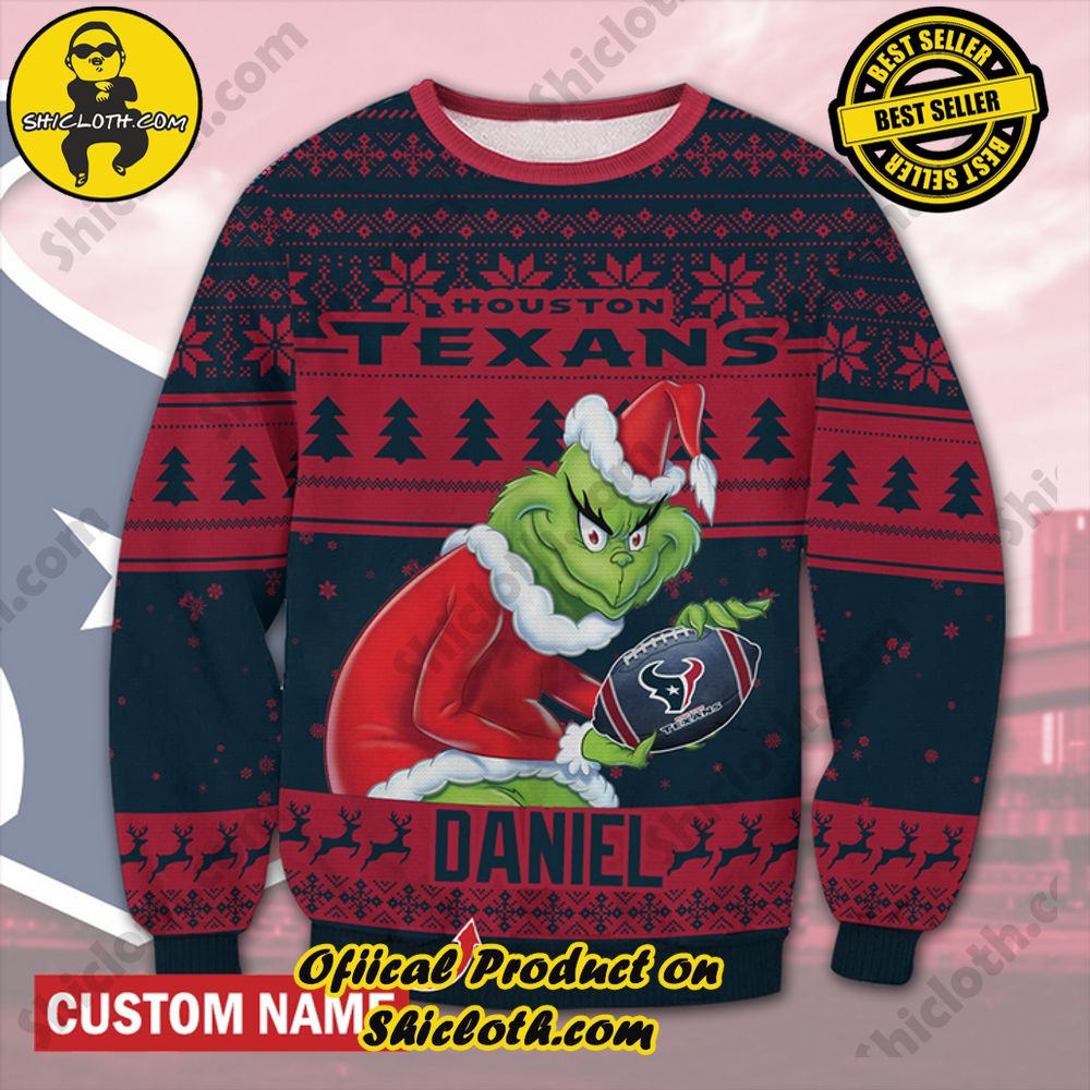 Best Seller Unveiling Festive Delight: Shiclothshop's Unique Collection of Ugly Christmas Sweaters 59 Personalized Name NFL Houston Texans Grinch Christmas Ugly Sweater