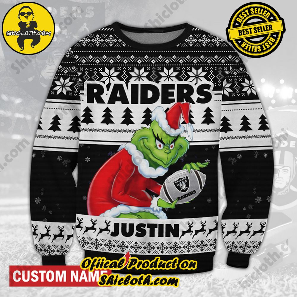 Best Seller Unveiling Festive Delight: Shiclothshop's Unique Collection of Ugly Christmas Sweaters 62 Personalized Name NFL Las Vegas Raiders Grinch Christmas Ugly Sweater