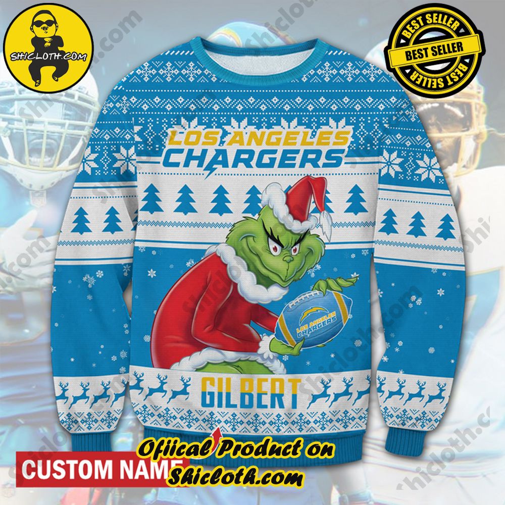 Best Seller Unveiling Festive Delight: Shiclothshop's Unique Collection of Ugly Christmas Sweaters 63 Personalized Name NFL Los Angeles Chargers Grinch Christmas Ugly Sweater