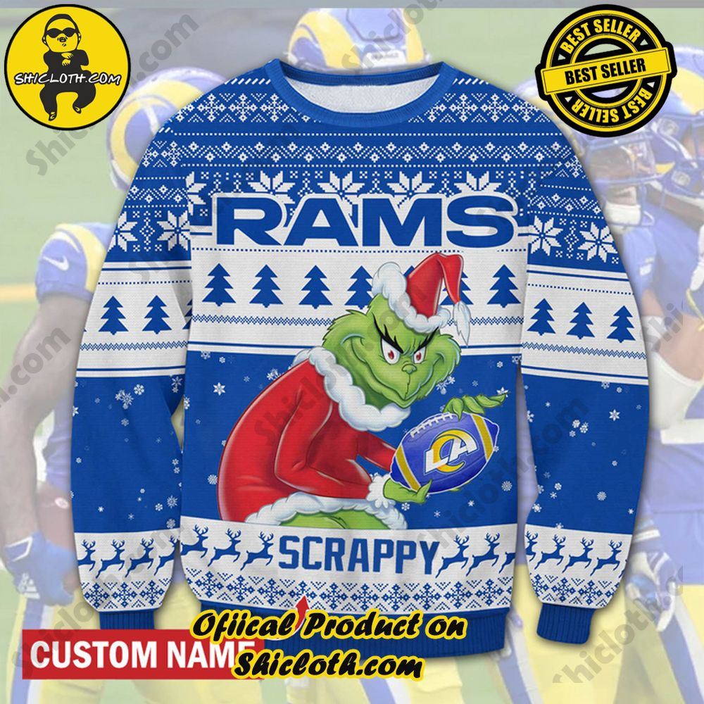 Best Seller Unveiling Festive Delight: Shiclothshop's Unique Collection of Ugly Christmas Sweaters 66 Personalized Name NFL Los Angeles Rams Grinch Christmas Ugly Sweater
