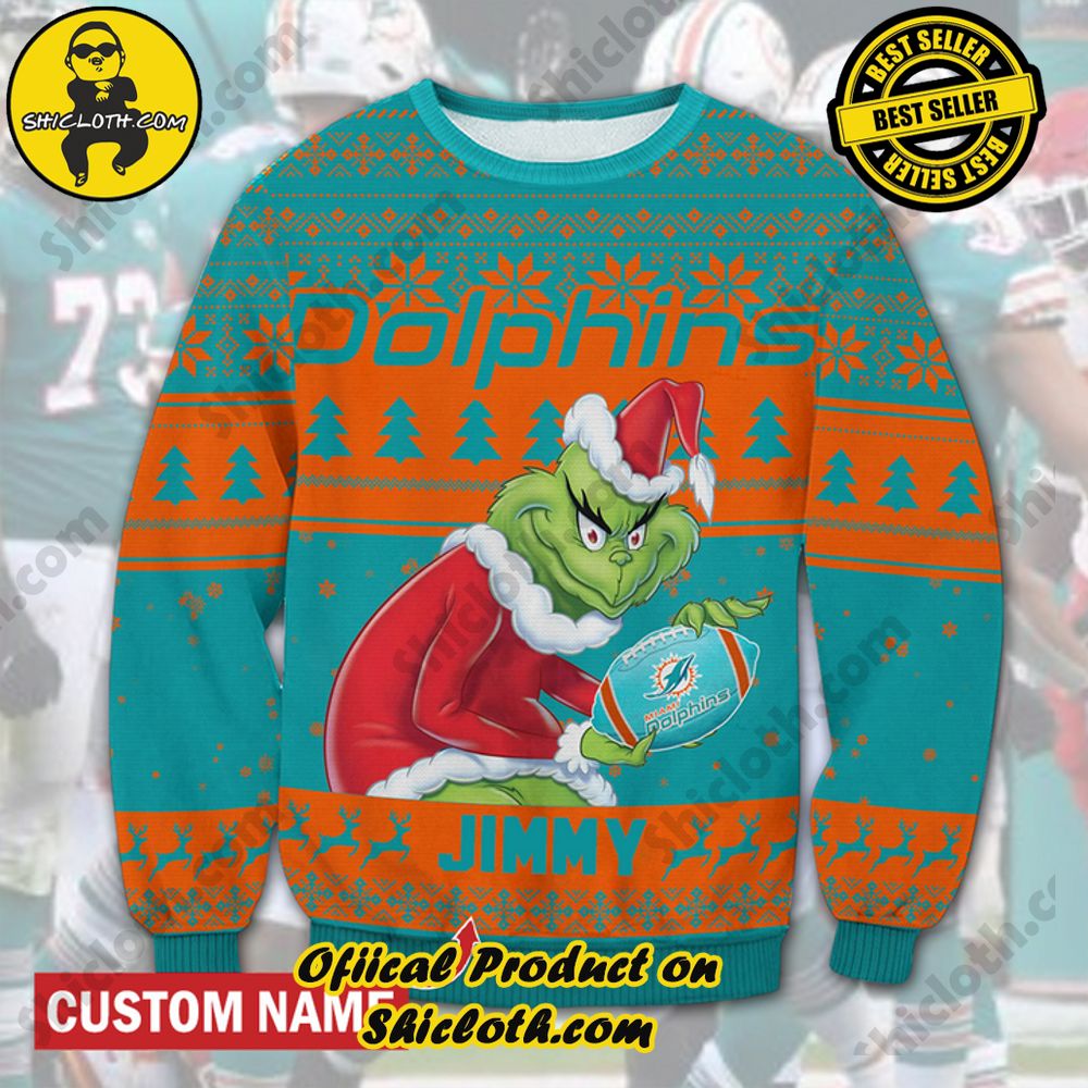 Best Seller Unveiling Festive Delight: Shiclothshop's Unique Collection of Ugly Christmas Sweaters 67 Personalized Name NFL Miami Dolphins Grinch Christmas Ugly Sweater