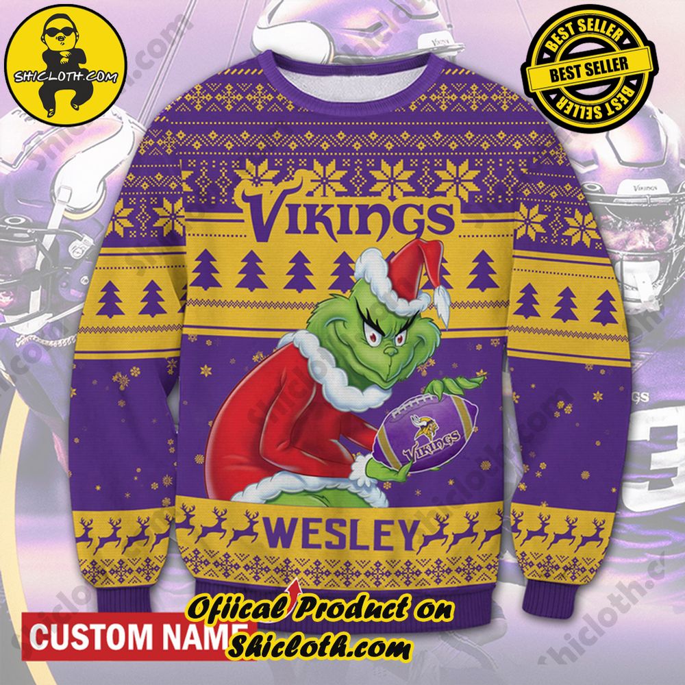 Best Seller Unveiling Festive Delight: Shiclothshop's Unique Collection of Ugly Christmas Sweaters 68 Personalized Name NFL Minnesota Vikings Grinch Christmas Ugly Sweater