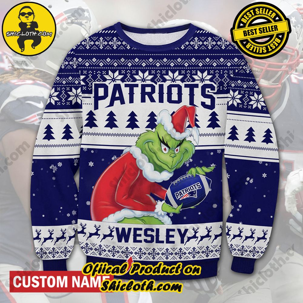 Best Seller Unveiling Festive Delight: Shiclothshop's Unique Collection of Ugly Christmas Sweaters 70 Personalized Name NFL New England Patriots Grinch Christmas Ugly Sweater