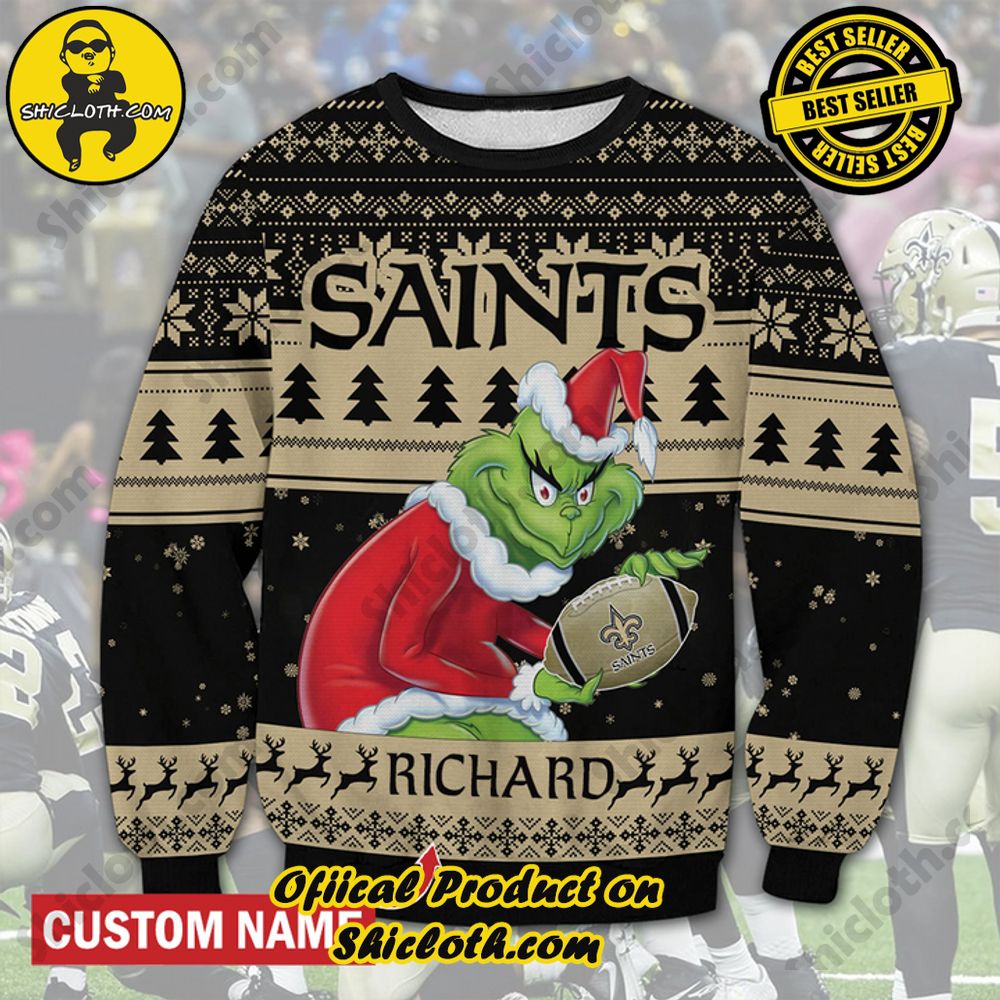 Best Seller Unveiling Festive Delight: Shiclothshop's Unique Collection of Ugly Christmas Sweaters 71 Personalized Name NFL New Orleans Saints Grinch Christmas Ugly Sweater
