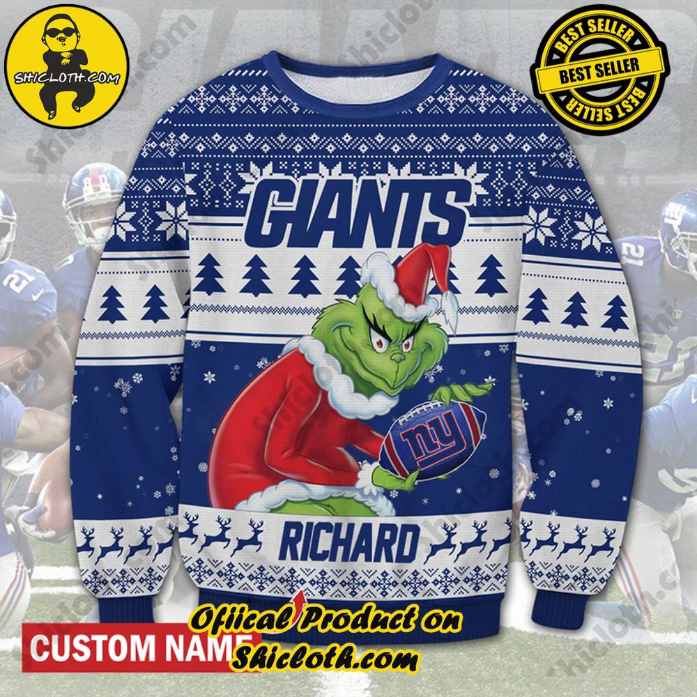 Best Seller Unveiling Festive Delight: Shiclothshop's Unique Collection of Ugly Christmas Sweaters 72 Personalized Name NFL New York Giants Grinch Christmas Ugly Sweater