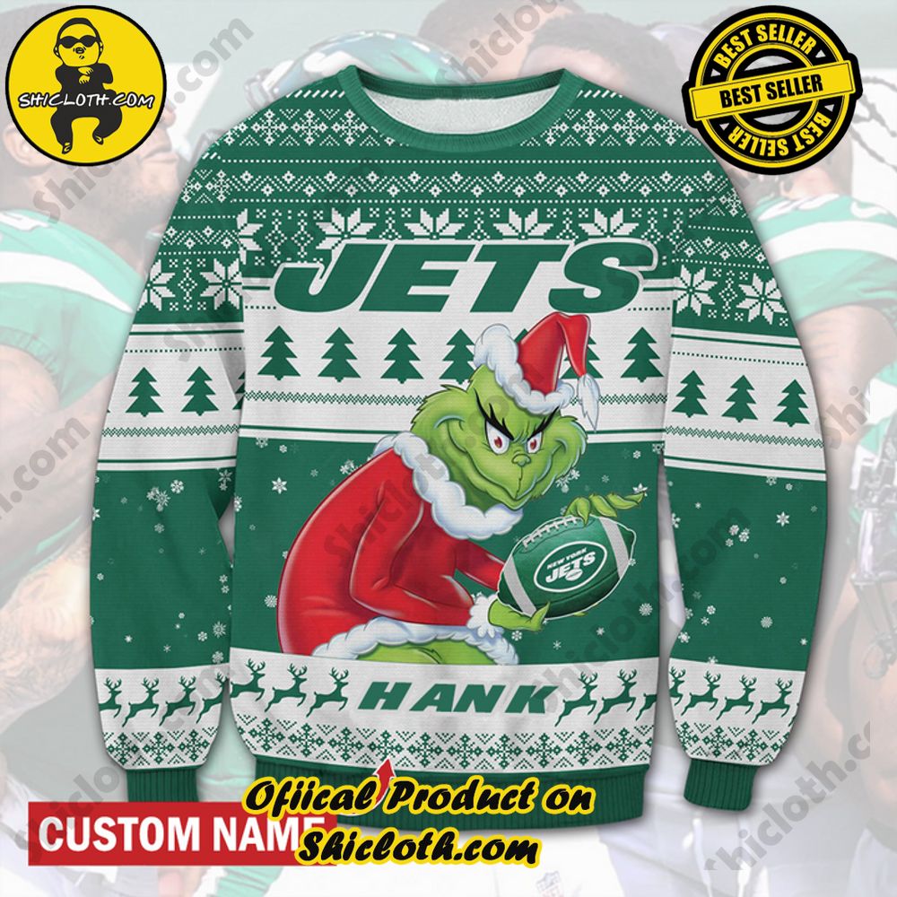 Best Seller Unveiling Festive Delight: Shiclothshop's Unique Collection of Ugly Christmas Sweaters 73 Personalized Name NFL New York Jets Grinch Christmas Ugly Sweater