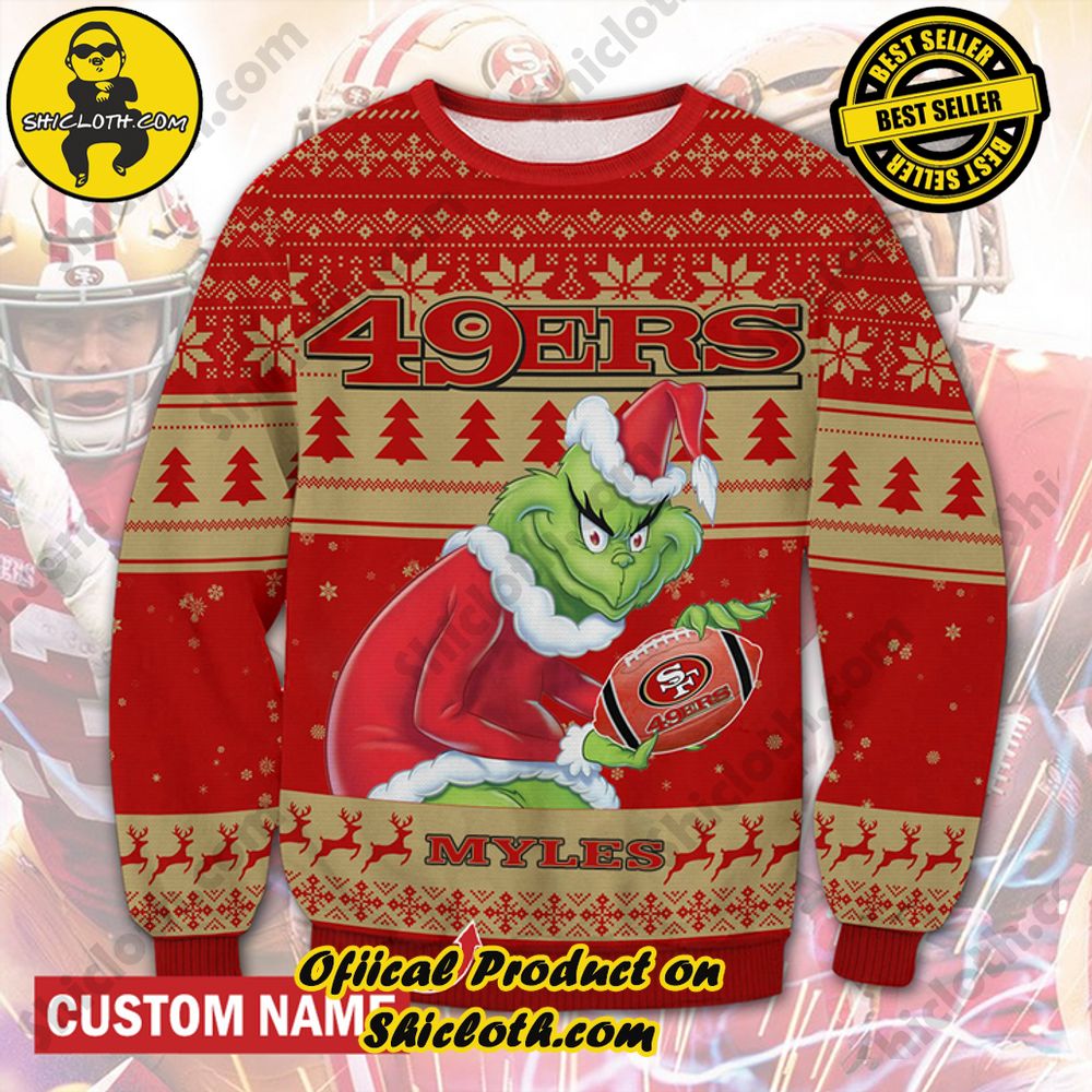 Best Seller Unveiling Festive Delight: Shiclothshop's Unique Collection of Ugly Christmas Sweaters 77 Personalized Name NFL San Francisco 49ers Grinch Christmas Ugly Sweater
