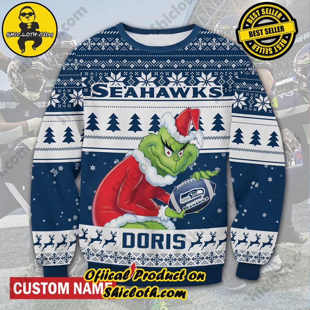 Best Seller Unveiling Festive Delight: Shiclothshop's Unique Collection of Ugly Christmas Sweaters 78 Personalized Name NFL Seattle Seahawks Grinch Christmas Ugly Sweater
