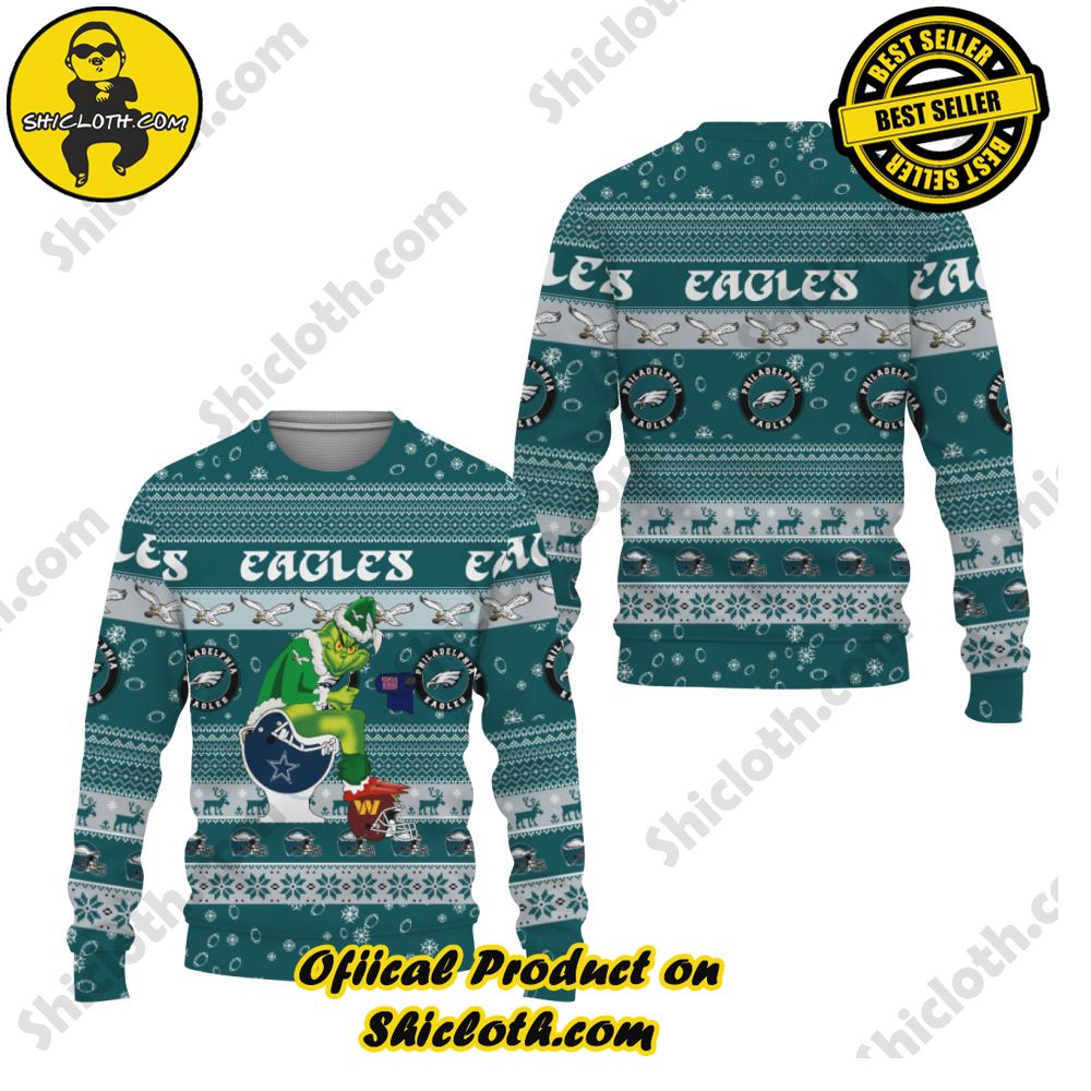 Best Seller Unveiling Festive Delight: Shiclothshop's Unique Collection of Ugly Christmas Sweaters 81 Philadelphia Eagles Grinch Toilet Ugly Sweater