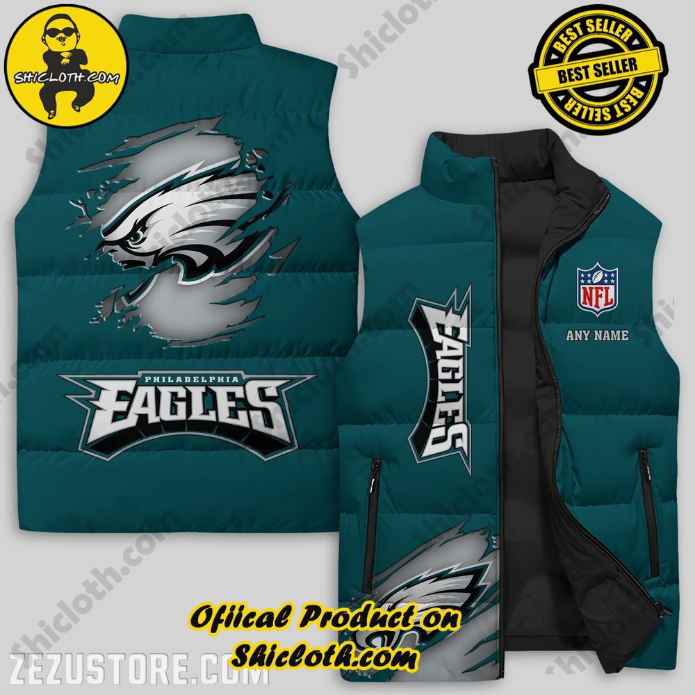 Best Seller Game Day Glamour: Elevate Your Style with Shiclothshop's NFL Team Sleeveless Jacket Collection 11 Philadelphia Eagles NFL Mascot Custom Puffer Sleeveless Jacket Premium