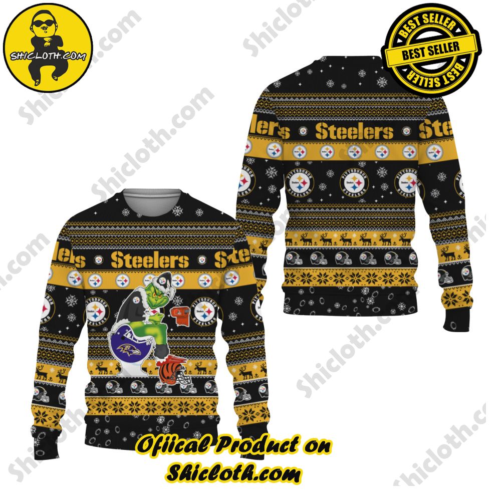 Best Seller Unveiling Festive Delight: Shiclothshop's Unique Collection of Ugly Christmas Sweaters 82 Pittsburgh Steelers Grinch Toilet Ugly Sweater