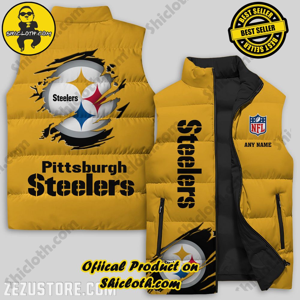 Best Seller Game Day Glamour: Elevate Your Style with Shiclothshop's NFL Team Sleeveless Jacket Collection 16 Pittsburgh Steelers NFL Logo Custom Puffer Sleeveless Jacket Premium