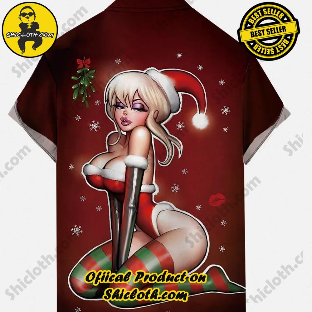 Red Christmas Sexy Christmas Girl In Red And Green Striped Stockings Printing Short Sleeve Shirt 2 Red Christmas Sexy Christmas Girl In Red And Green Striped Stockings Printing Short Sleeve Shirt - Image 2