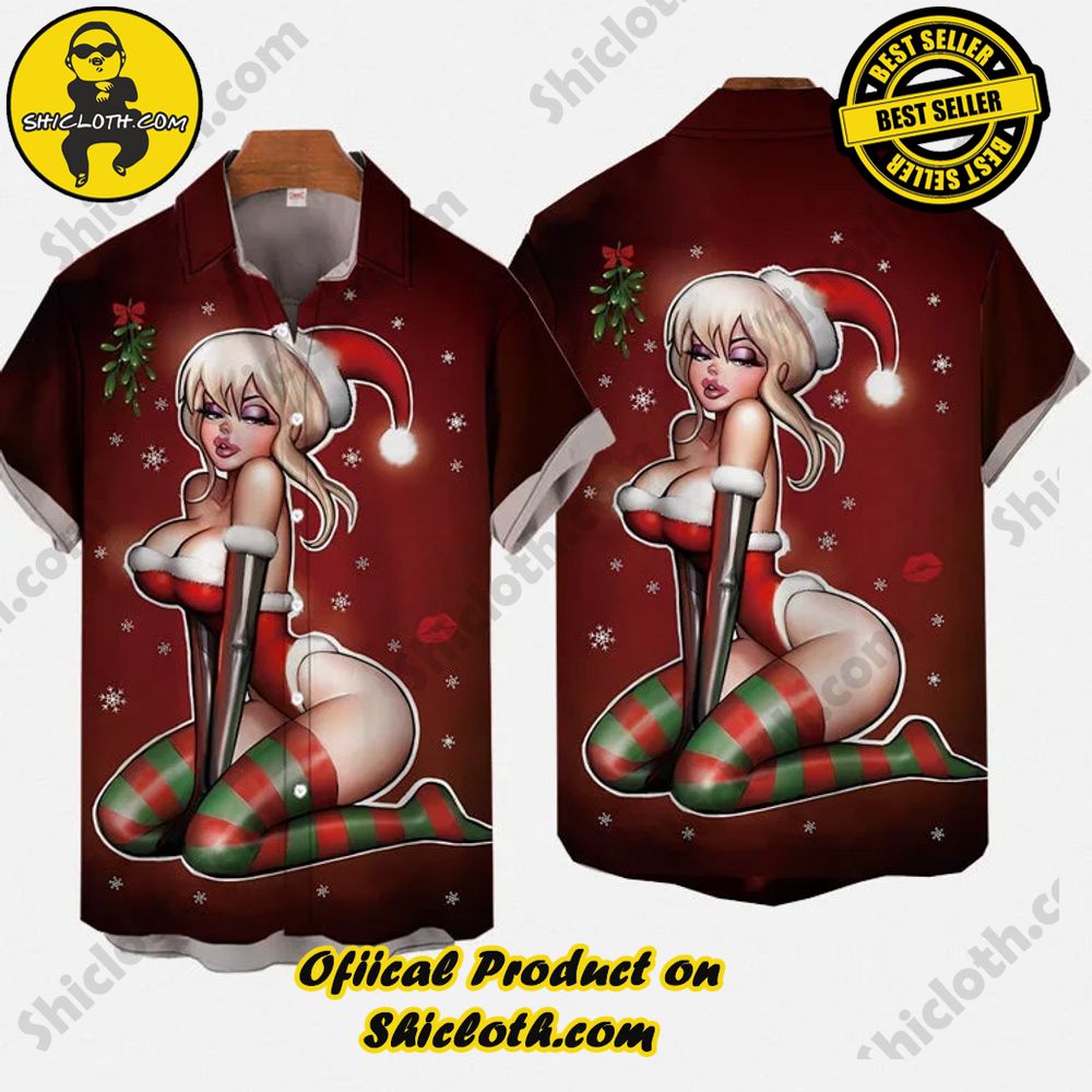 Red Christmas Sexy Christmas Girl In Red And Green Striped Stockings Printing Short Sleeve Shirt 3 Red Christmas Sexy Christmas Girl In Red And Green Striped Stockings Printing Short Sleeve Shirt - Image 3